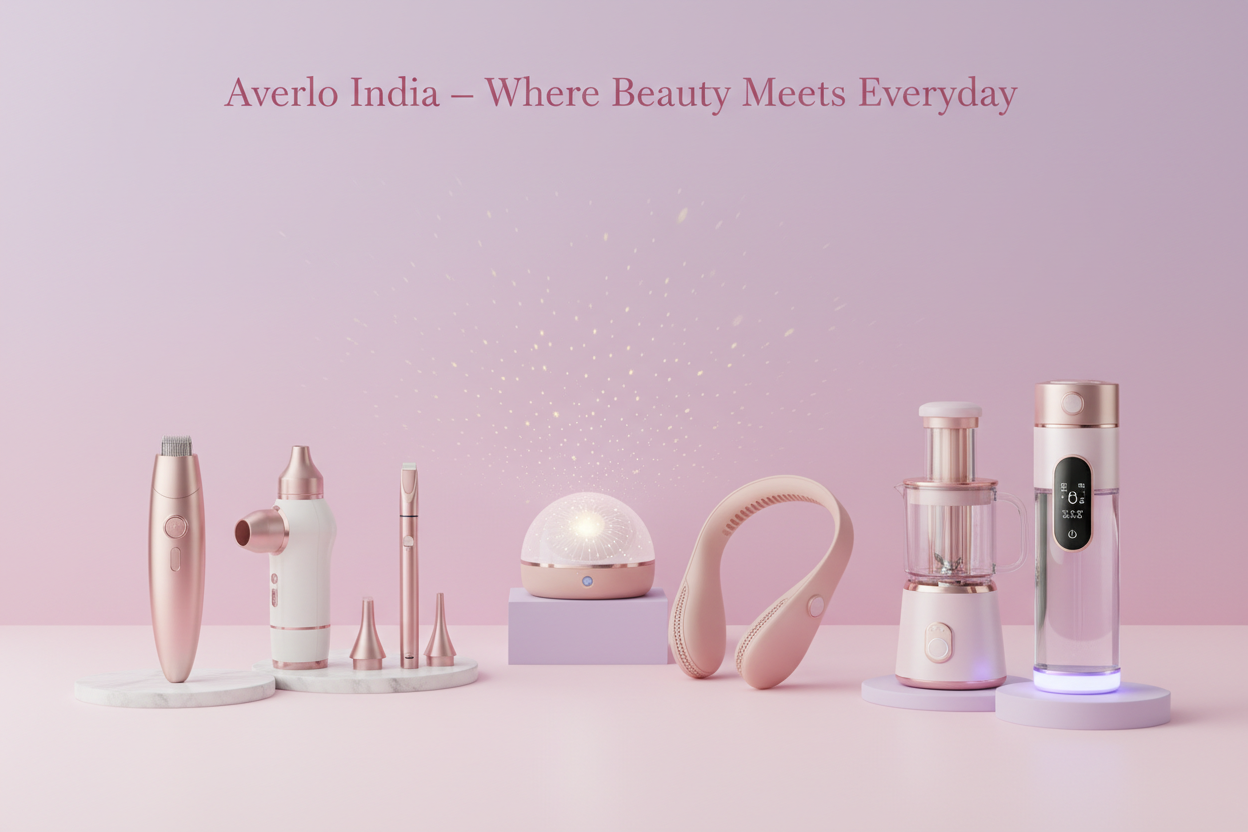 A premium aesthetic e-commerce banner featuring trending beauty tools (facial hair remover, blackhead vacuum, eyebrow trimmer), modern home essentials (LED star projector, mini neck fan), and stylish kitchen gadgets (portable juicer blender, smart water bottle) arranged neatly on a soft pastel background using the brand color #FFA1D3. Clean minimal layout, smooth shadows, glossy reflections, soft pink gradient lighting, elegant premium feel. Add subtle branding text “Averlo India — Where Beauty Meets Everyd